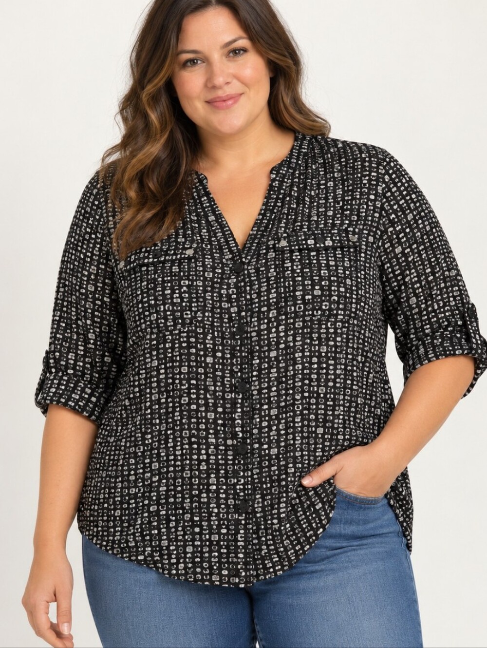 Simply Emma Black Geometric Print Button Up Blouse 2X Convertible Sleeves EUC